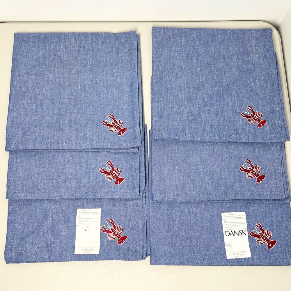 New Set of 6 Dansk Denim Lobster Embroidered Cloth Napkins